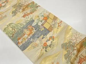 屋敷に庭園風景模様織出し袋帯